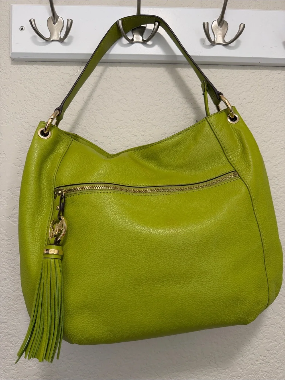 Michael Kors Leather Charm Tassel Hobo Bag in lime green / pistachio.